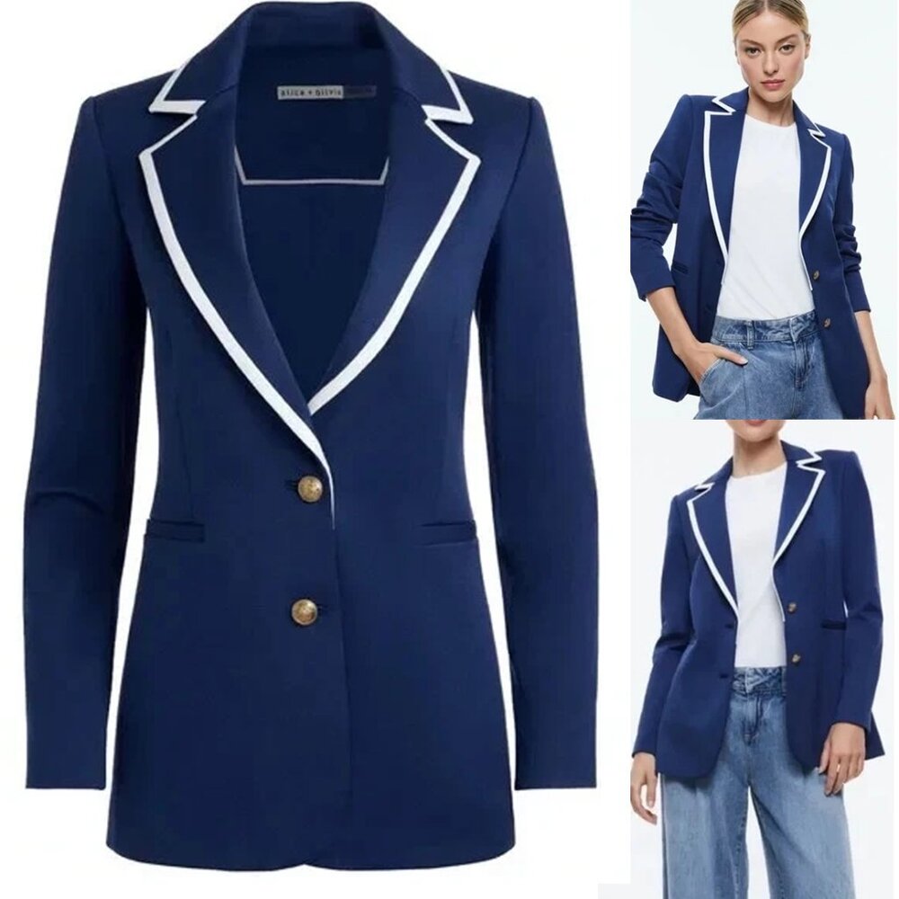 ALICE + OLIVIA BREANN NAVY INDIGO BLUE JACKET BLAZER WHITE TRIM NWT 6 $550